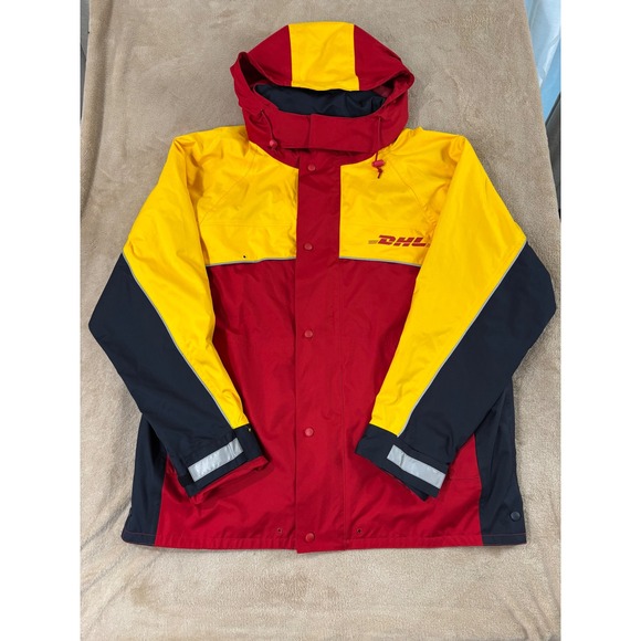 Vintage DHL‎ Service Wind Jacket Men M Red Yellow Mesh Lined Hood Activewear EUC